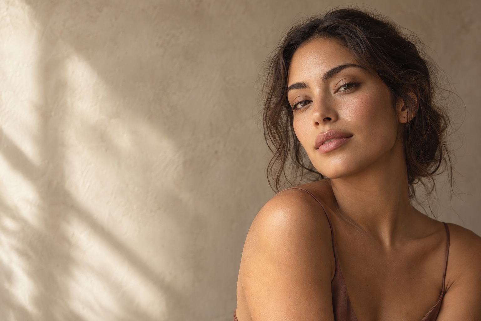 Soft bronze eye makeup and a natural rose lip