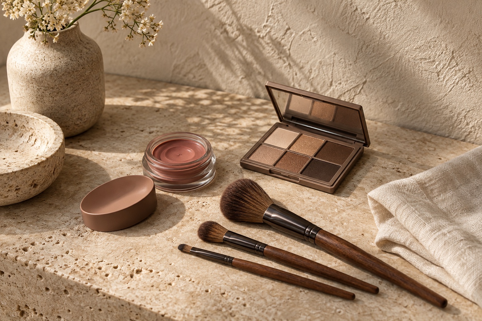 Makeup brushes and a neutral palette arranged on ivory linen